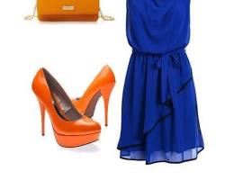 Image of Blue dress with orange bag and dark blue shoes