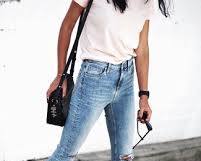 Image of White shirt with blue jeans, black bag, and white shoes