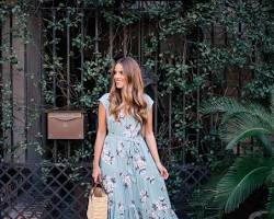 Image of Floral maxi dress with a large straw bag and flat sandals