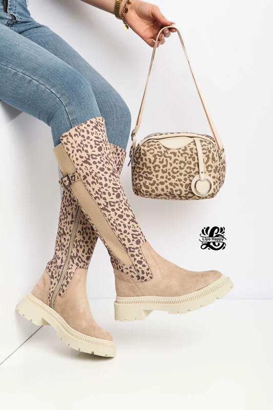قیمت بوت بلند زنانه طرح پلنگی | خرید اینترنتی ست بوت و کیف جدید | بوت پلتفرم دخترانه شیک | مدل بوت تا زیر زانو | بوت پلنگی با رنگ کرم | استایل زمستانی با بوت بلند | کفش بوت زنانه برای استایل خیابانی | بوت سگک دار بغل زیپ | ست بوت و کیف مجلسی خاص | بوت بلند